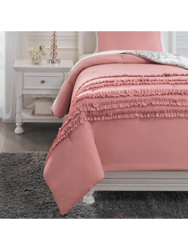Twin Comforter-2 Piece Set Ruffled Pink And Grey