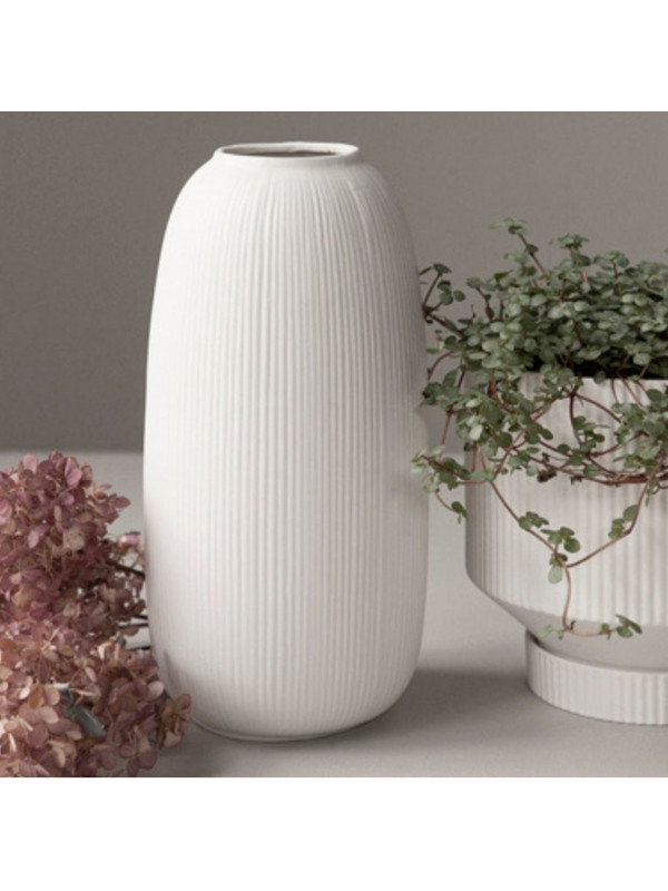 Tall White Ribbed Vase